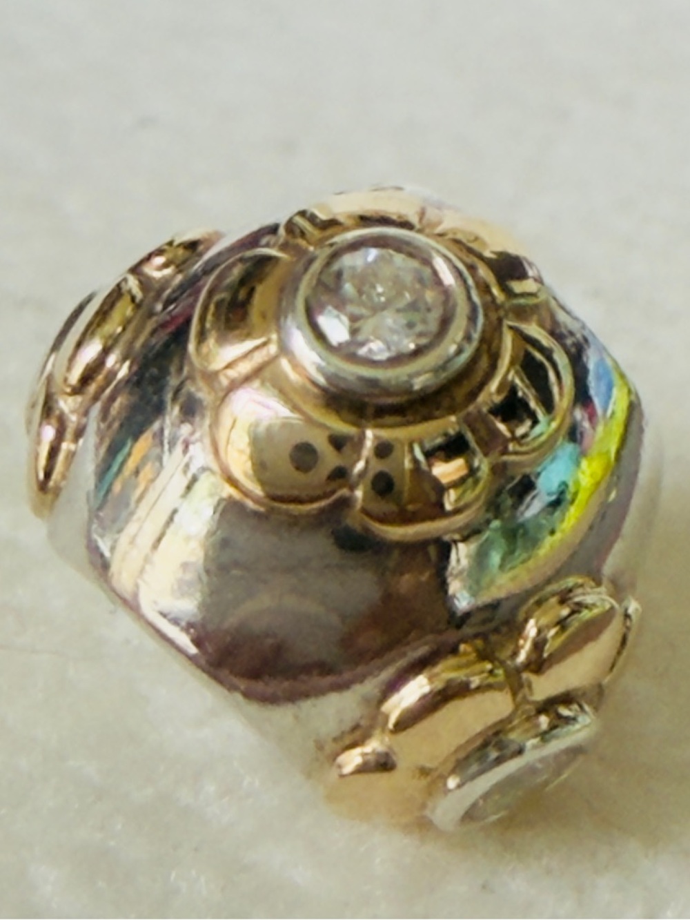 Pandora Raised Flowers 14k Gold Clear Cubic Zirconia CZ Charm